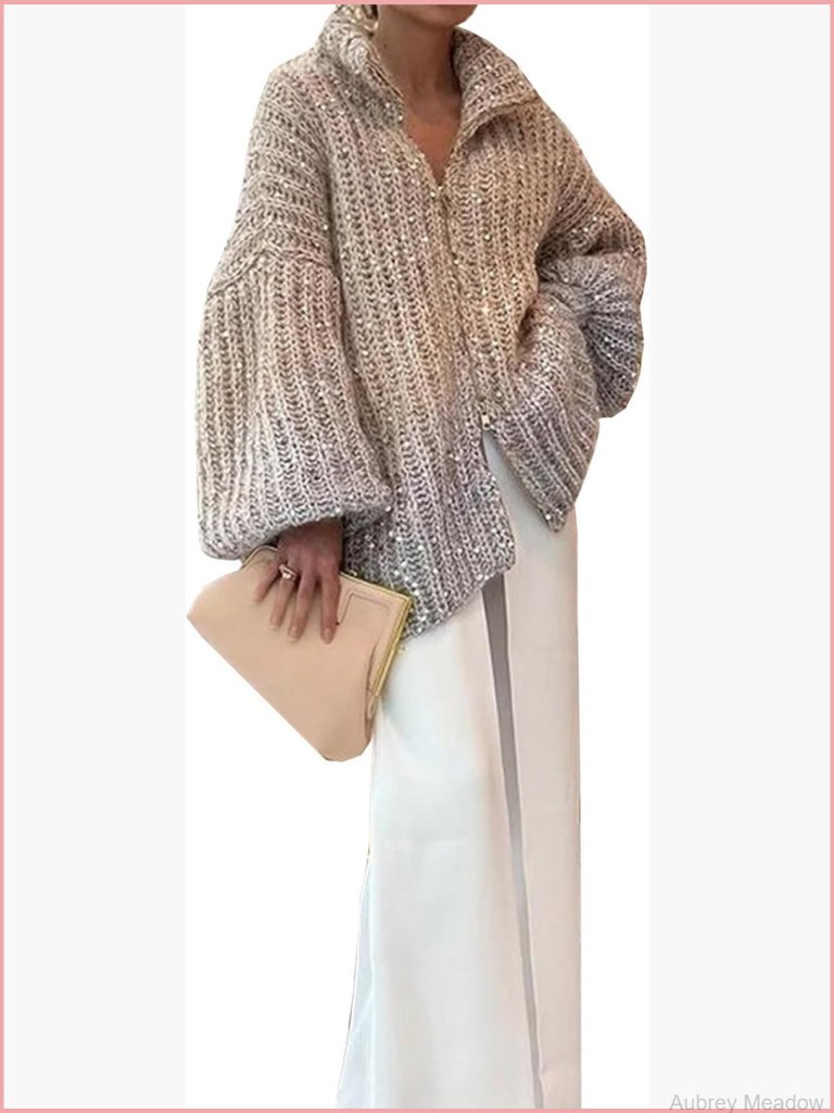 Oversized Sequin Sweater Stand Collar Lantern Sleeve Zip Up Cardigan